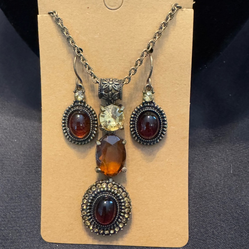 Antique Bronze Necklace Earrings Set Amber Stones Pale Yellow Rhinestones